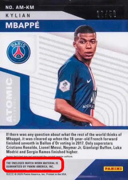 Kylian Mbappe - Atomic Material Relics Orange /50 - 2019-20 Panini Obsidian Soccer #AM-KM (Back)