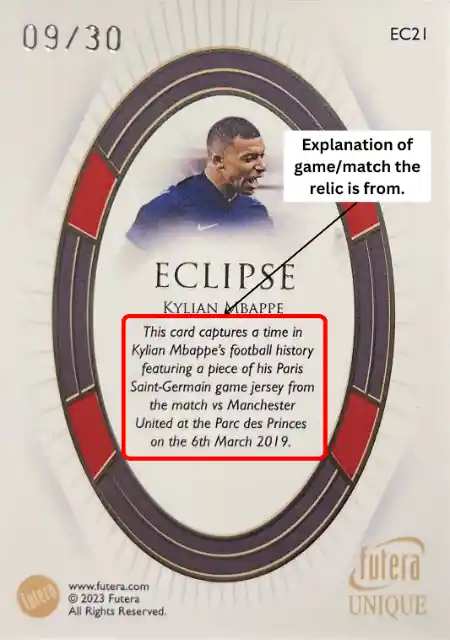 Kylian Mbappe - Eclipse Relics /30 - 2023-24 Futera Unique World Football #EC21 (Back)