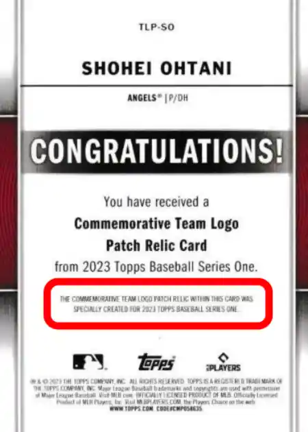 Shohei Ohtani - Team Logo Manufactured Patch Cards - 2023 Topps Series One Baseball #TLP-SO (Back)