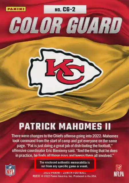 Patrick Mahomes II -  Color Guard Patch - 2022 Panini Zenith Football #CG-2 (Back)